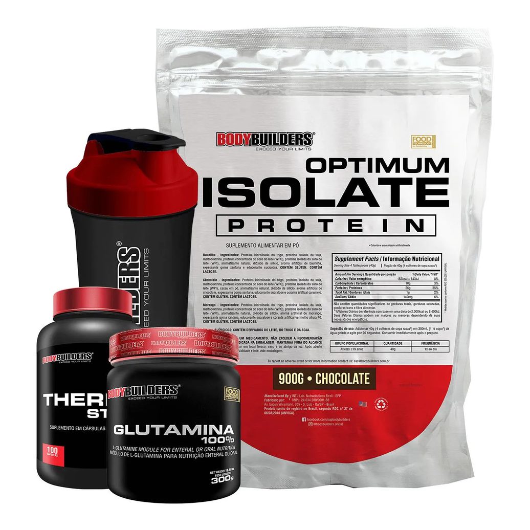 Kit Optimum Isolate Whey Protein 900g + Thermo Start 100 cápsulas + Glutamina 300g + Coqueteleira Sabor Chocolate - Bodybuilders