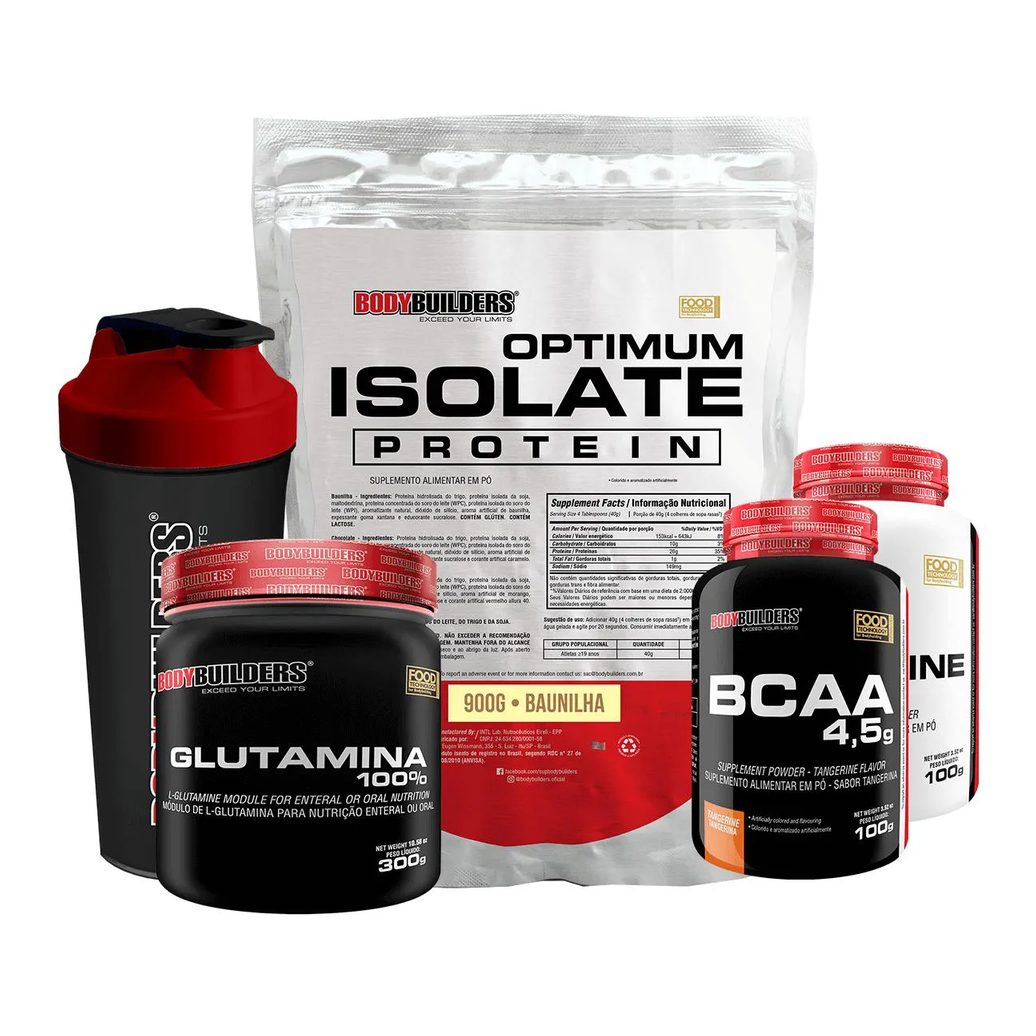 Kit Optimum Isolate Whey Protein 900g +bcaa 100g +creatina 100g +glutamina 300g + Coqueteleira Sabor Baunilha - Bodybuilders