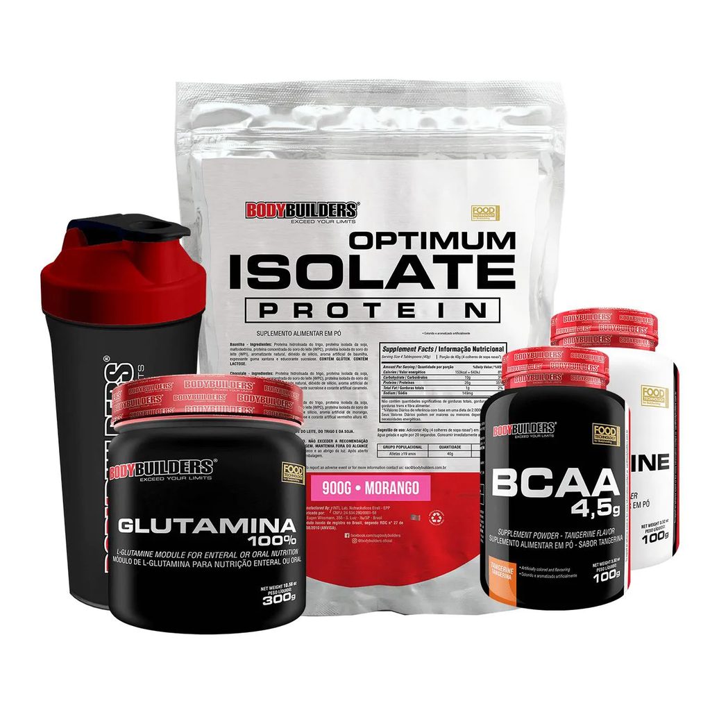 Kit Optimum Isolate Whey Protein 900g +bcaa 100g +creatina 100g +glutamina 300g + Coqueteleira Sabor Morango - Bodybuilders