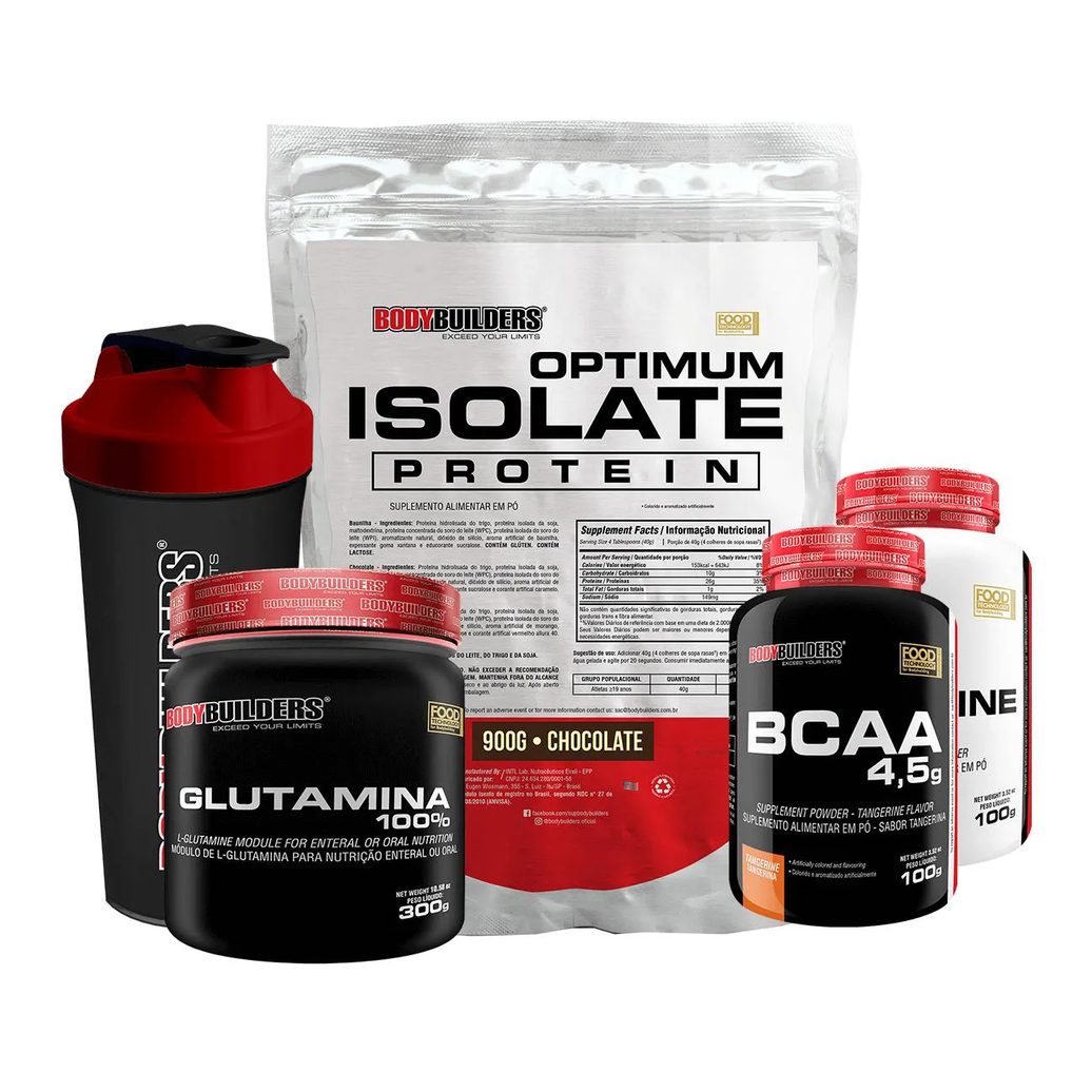 Kit Optimum Isolate Whey Protein 900g +bcaa 100g +creatina 100g +glutamina 300g + Coqueteleira Sabor Chocolate - Bodybuilders