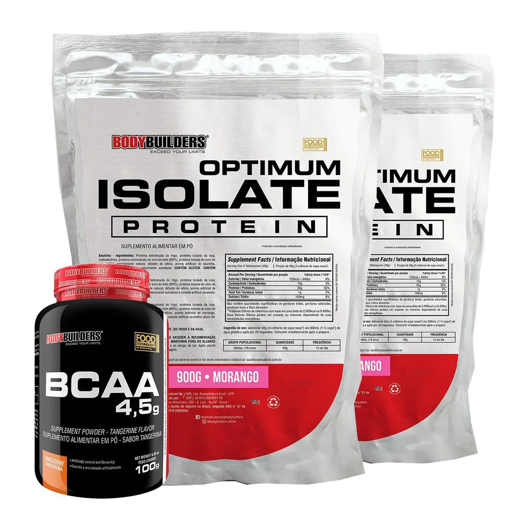 Kit 2x Optimum Isolate Whey Protein 900g + Bcaa 100g - Bodybuilders Sabor Morango