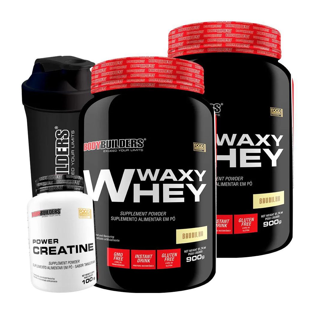 Kit 2x Whey Protein Waxy Whey 900g + Power Creatina 100g + Coqueteleira - Bodybuilders Baunilha