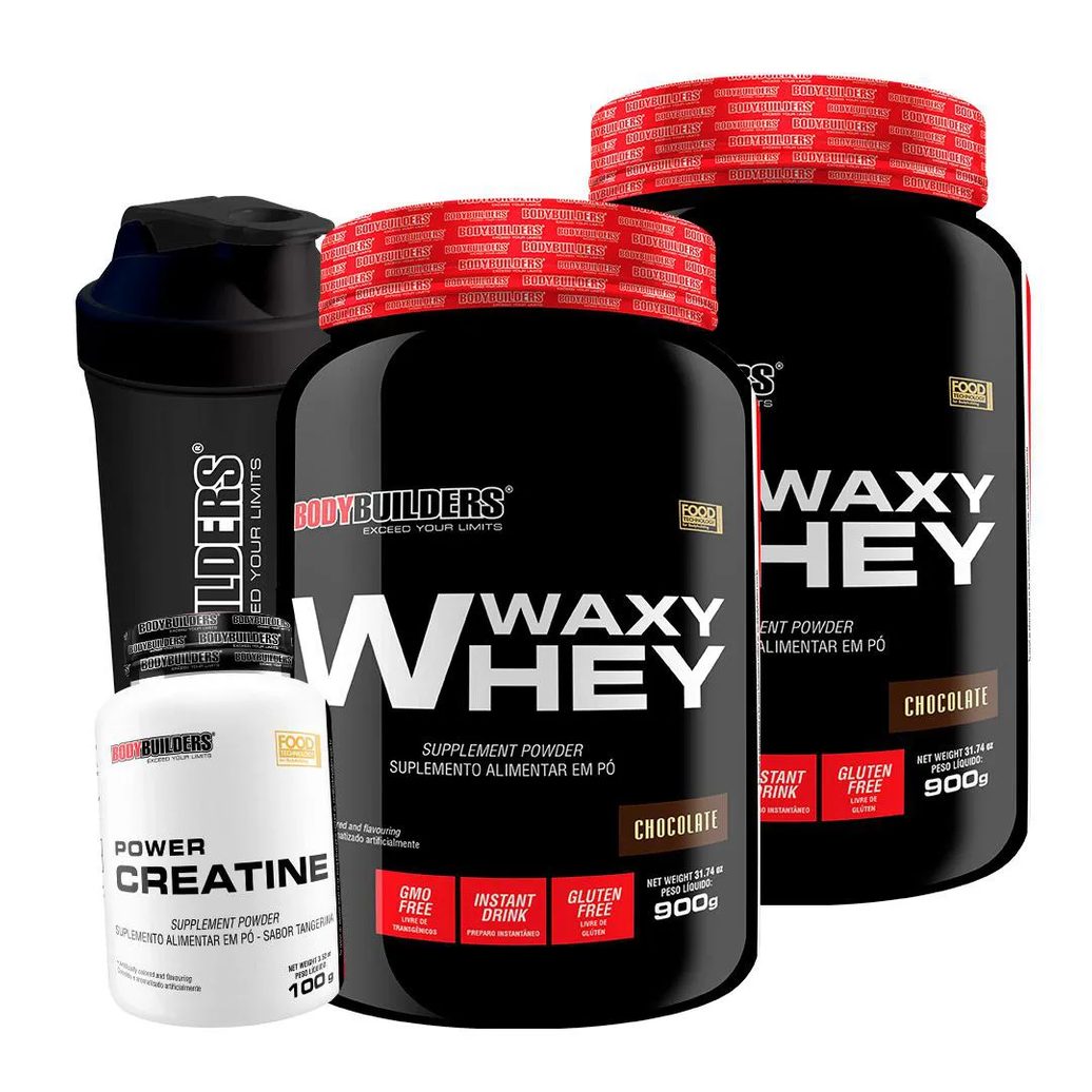 Kit 2x Whey Protein Waxy Whey 900g + Power Creatina 100g + Coqueteleira - Bodybuilders Chocolate