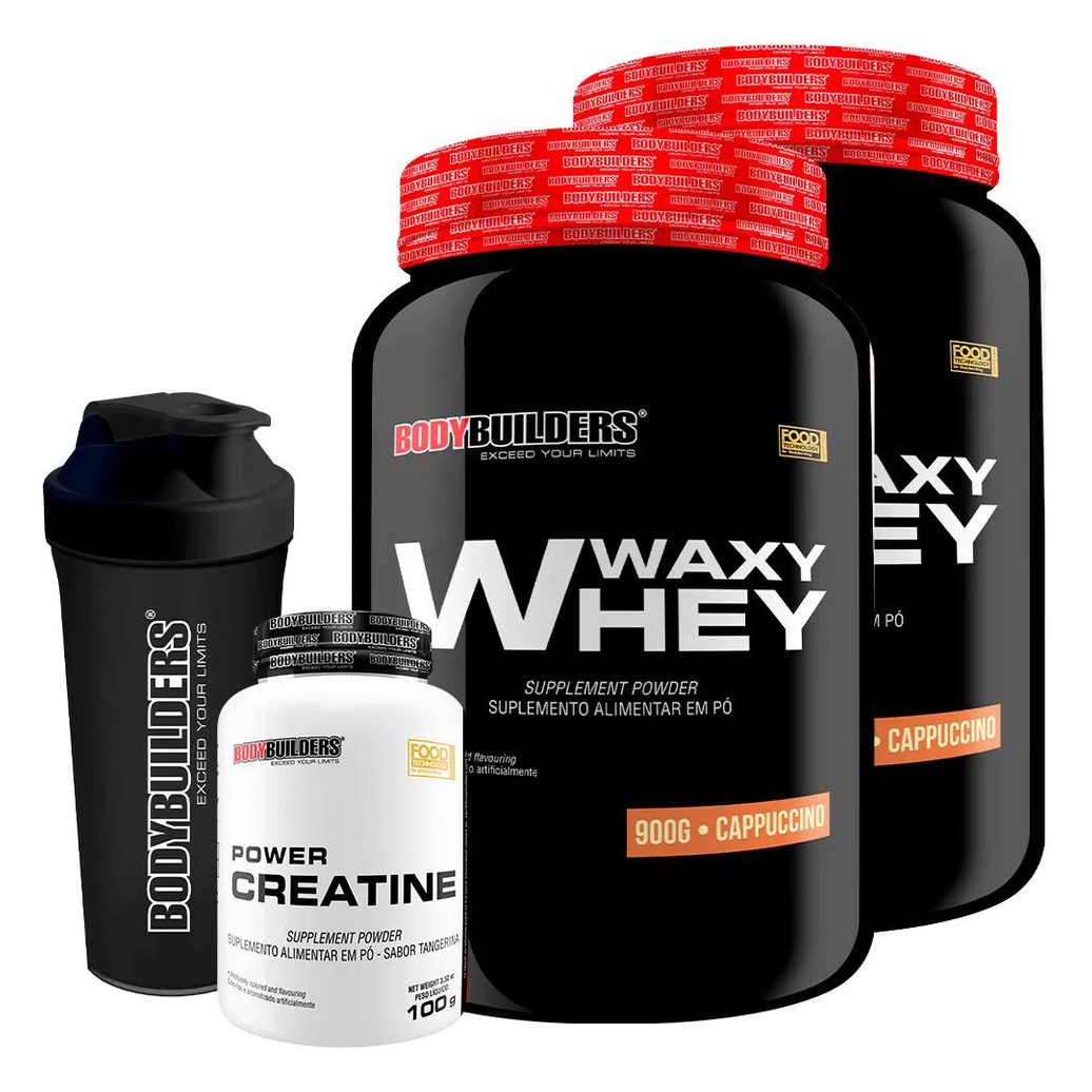 Kit 2x Whey Protein Waxy Whey 900g + Power Creatina 100g + Coqueteleira - Bodybuilders Cappuccino
