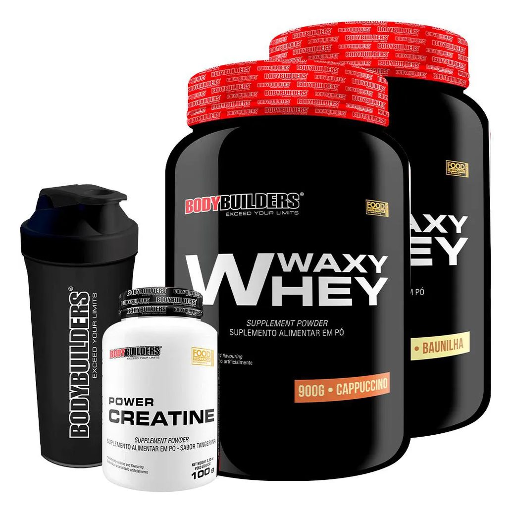 Kit BodyBuilder Whey Protein Waxy Whey Baunilha e Cappuccino 900g 2 unidades + Creatina Power 100g + Coqueteleira