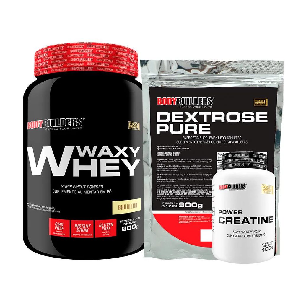 Kit Waxy Whey Protein 900g + Creatina 100g + Dextrose 900g - Bodybuilders Morango