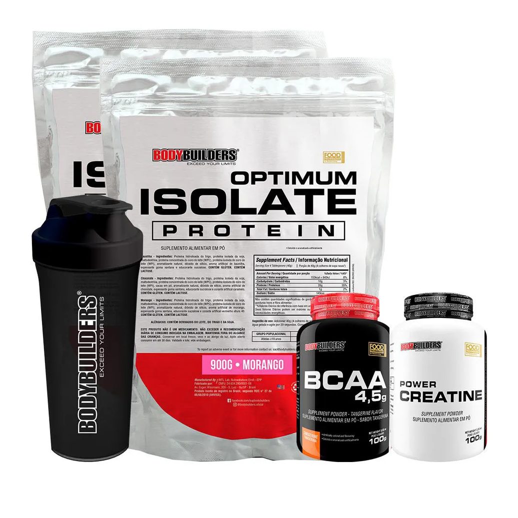Kit 2x Optimum Isolate Whey Protein 900g + Power Creatina 100g + Bcaa 100g + Coqueteleira - Bodybuilders Sabor Morango