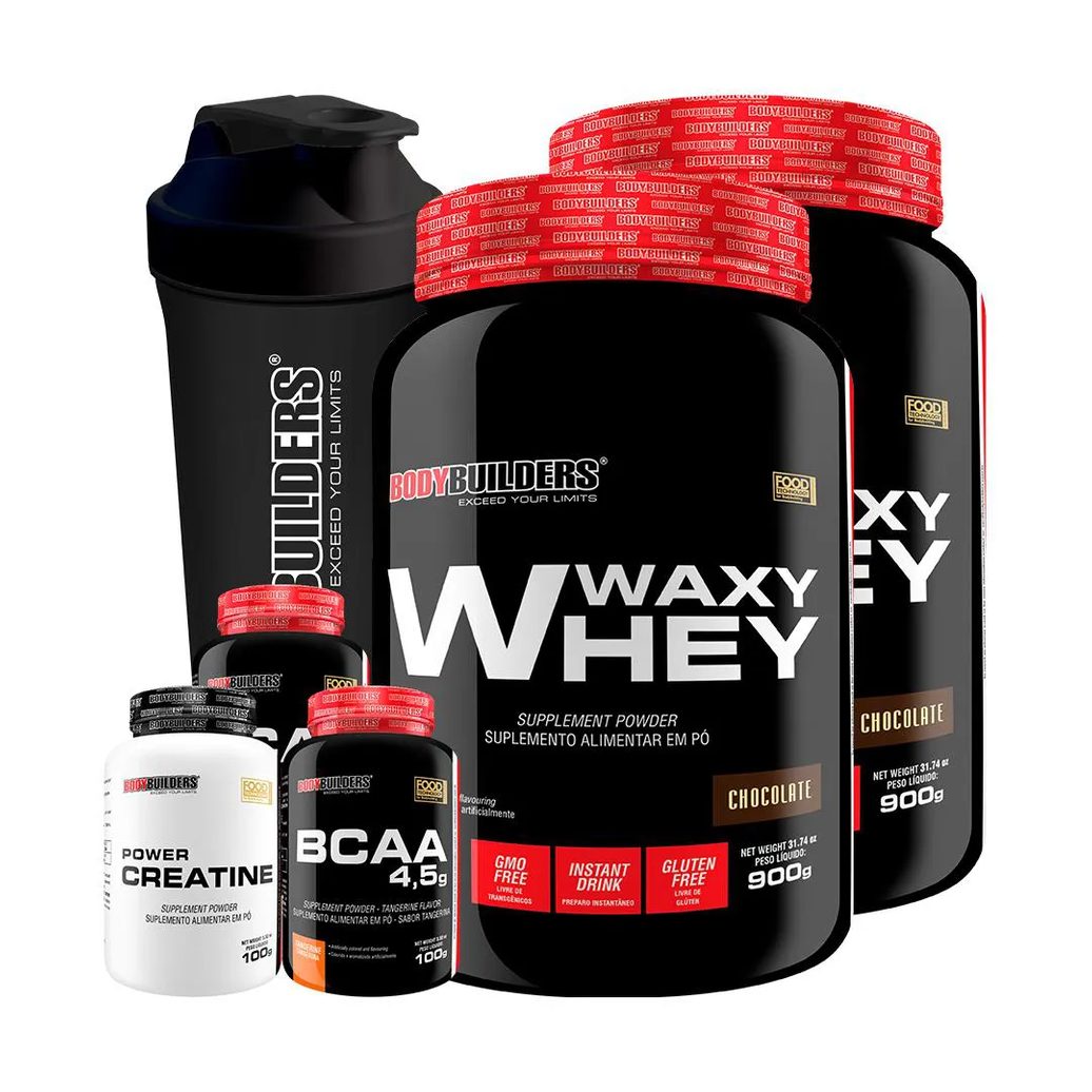 Kit 2x Waxy Whey 900g + 2x Bcaa 4.5 100g + Power Creatina 100g + Coqueteleira - Bodybuilders Chocolate