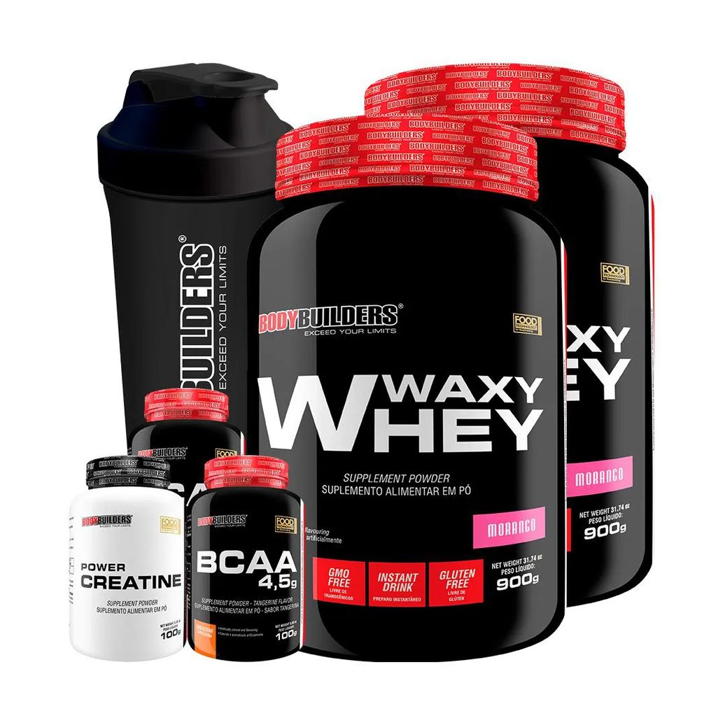 Kit 2x Waxy Whey 900g + 2x Bcaa 4.5 100g + Power Creatina 100g + Coqueteleira - Bodybuilders Morango