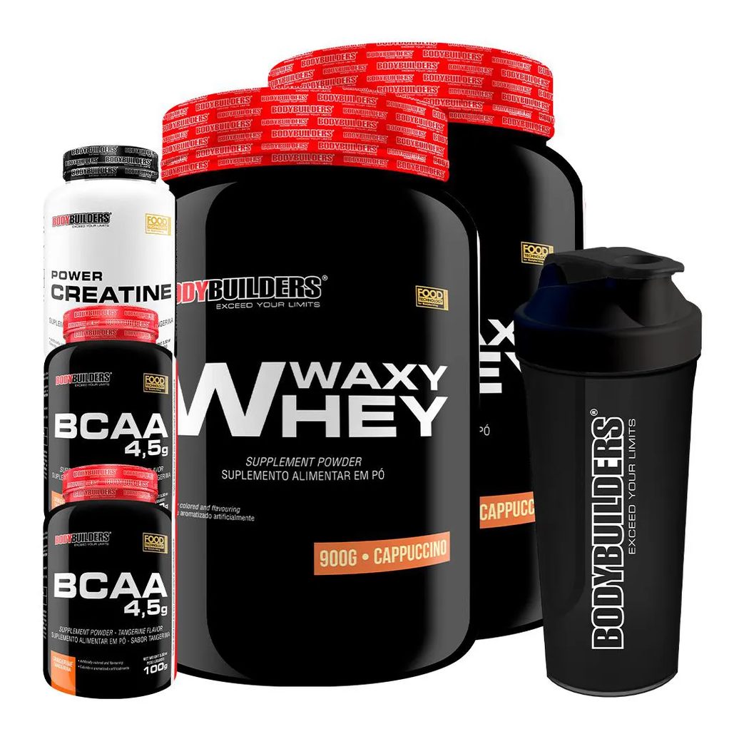 Kit 2x Waxy Whey 900g + 2x Bcaa 4.5 100g + Power Creatina 100g + Coqueteleira - Bodybuilders Cappuccino
