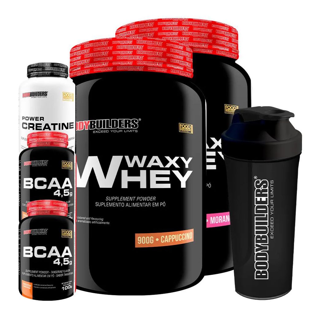 Kit 2x Waxy Whey 900g + 2x Bcaa 4.5 100g + Power Creatina 100g + Coqueteleira - Bodybuilders Morango e Cappuccino