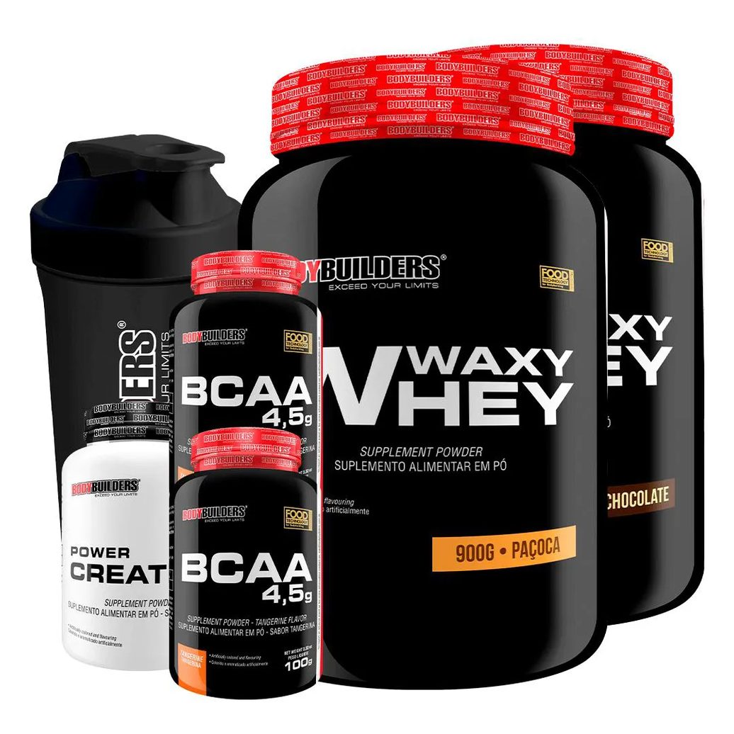 Kit 2x Waxy Whey 900g + 2x Bcaa 4.5 100g + Power Creatina 100g + Coqueteleira - Bodybuilders Chocolate e Paçoca