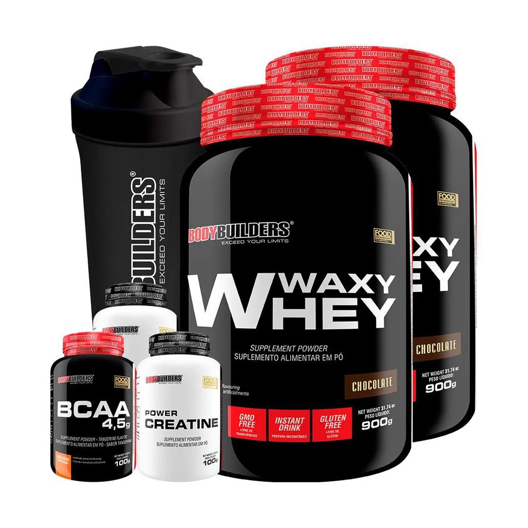 Kit 2x Waxy Whey 900g + Bcaa 4.5 100g + 2x Power Creatina 100g + Coqueteleira - Bodybuilders Chocolate
