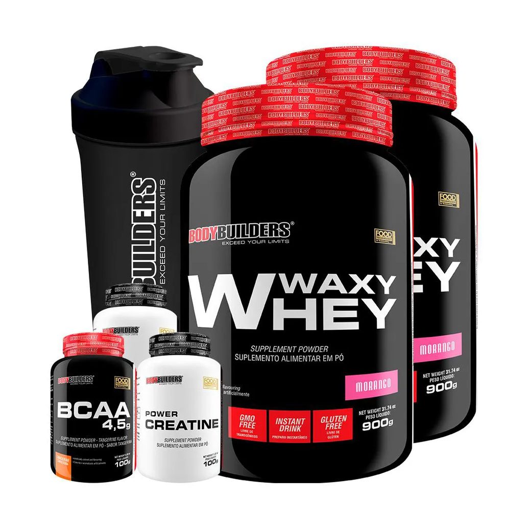 Kit 2x Waxy Whey 900g + Bcaa 4.5 100g + 2x Power Creatina 100g + Coqueteleira - Bodybuilders Morango