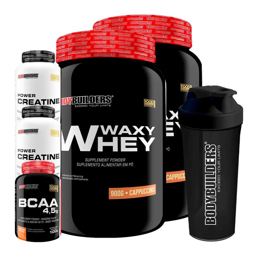 Kit 2x Waxy Whey 900g + Bcaa 4.5 100g + 2x Power Creatina 100g + Coqueteleira - Bodybuilders Cappuccino