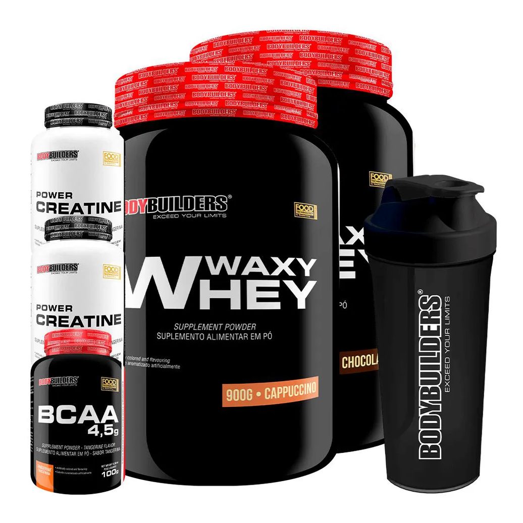 Kit 2x Waxy Whey 900g + Bcaa 4.5 100g + 2x Power Creatina 100g + Coqueteleira - Bodybuilders Chocolate e Cappuccino