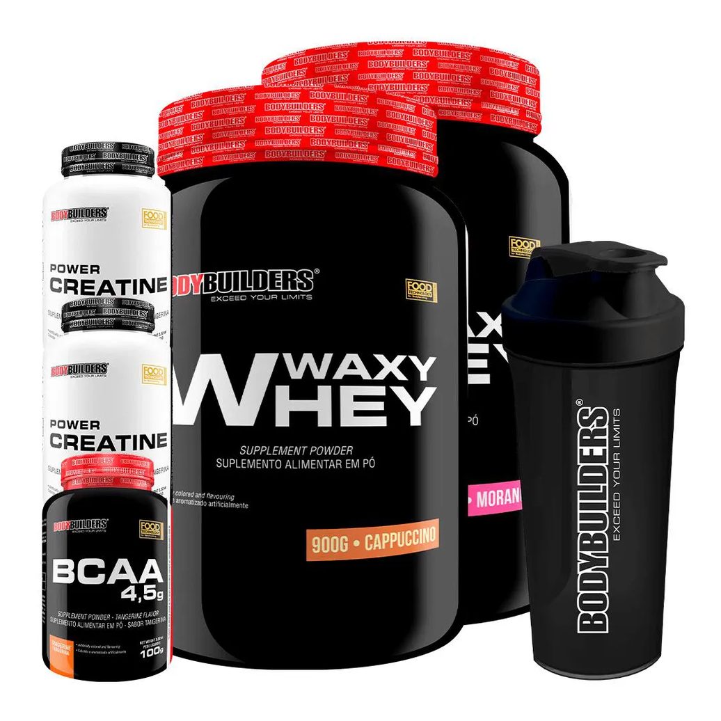 Kit 2x Waxy Whey 900g + Bcaa 4.5 100g + 2x Power Creatina 100g + Coqueteleira - Bodybuilders Morango e Cappuccino