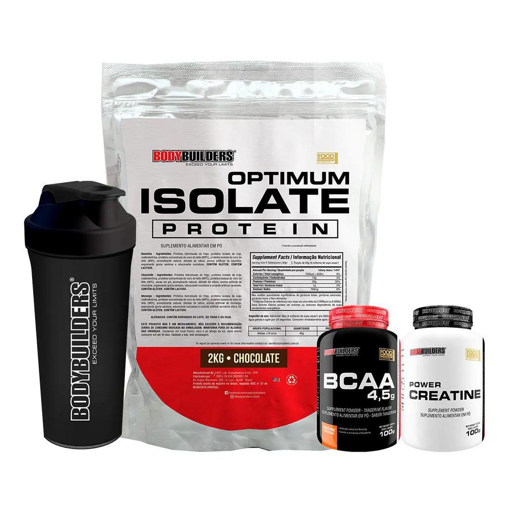 Kit Optimum Isolate Whey Protein 2kg + Bcaa 100g + Power Creatina 100g + Coqueteleira Sabor Chocolate - Bodybuilders