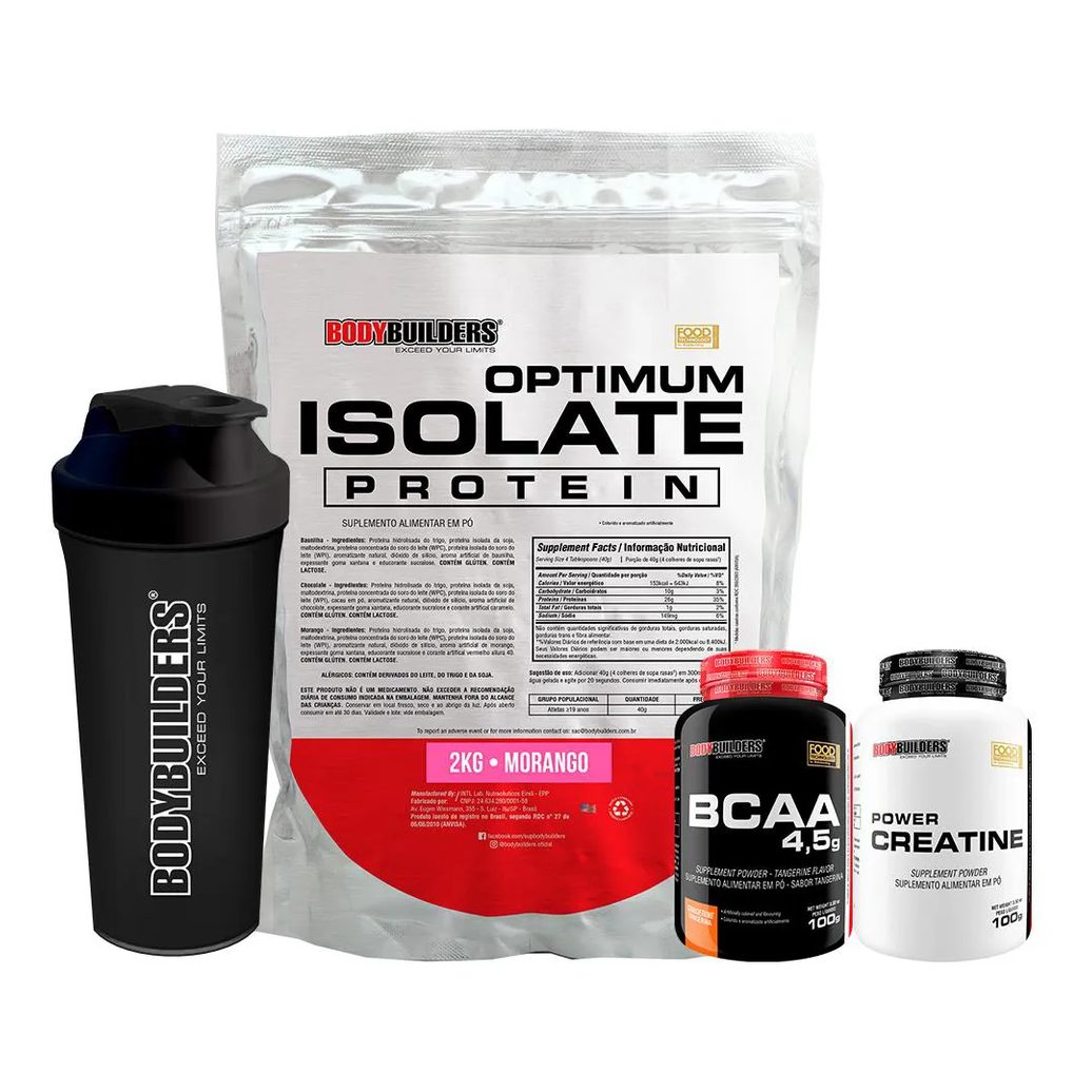 Kit Optimum Isolate Whey Protein 2kg + Bcaa 100g + Power Creatina 100g + Coqueteleira Sabor Morango - Bodybuilders