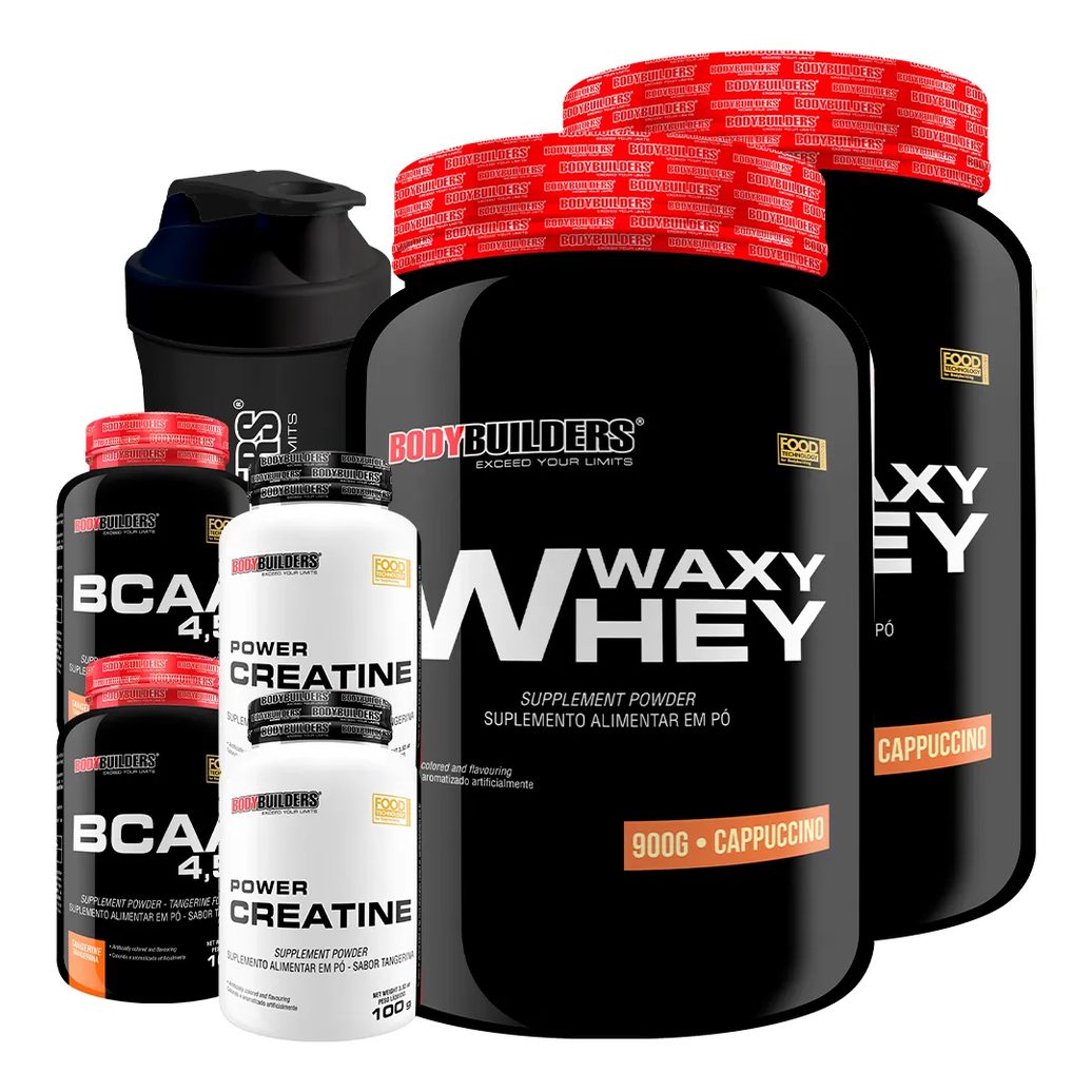 Kit 2x Waxy Whey 900g + 2x Bcaa 100g Tangerina + 2x Power Creatina 100g + Coq - Bodybuilders Cappuccino