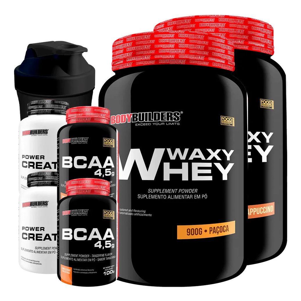 Kit 2x Waxy Whey 900g + 2x Bcaa 100g Tangerina + 2x Power Creatina 100g + Coq - Bodybuilders Cappuccino e Paçoca