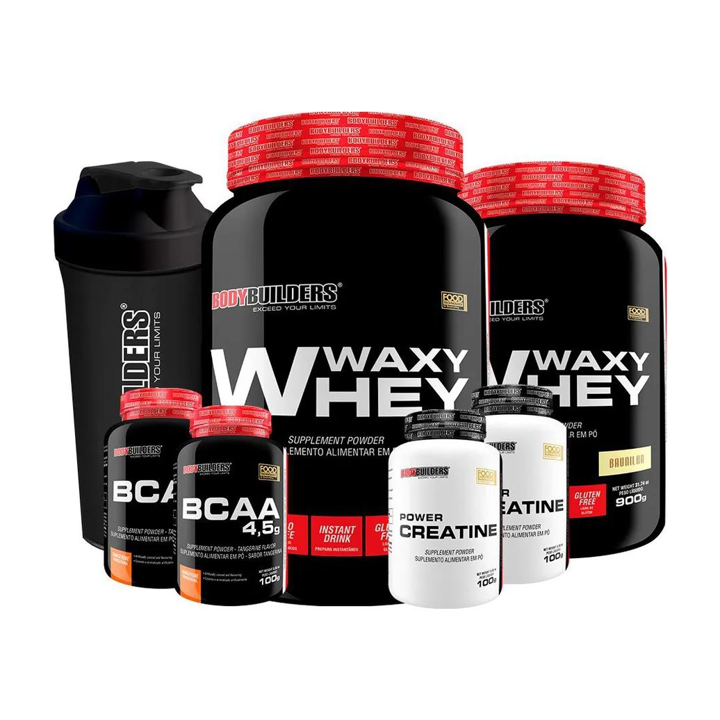 Kit 2x Waxy Whey 900g Sabor Baunilha + 2x Bcaa 100g Tangerina + 2x Power Creatina 100g + Coqueteleira - Bodybuilders