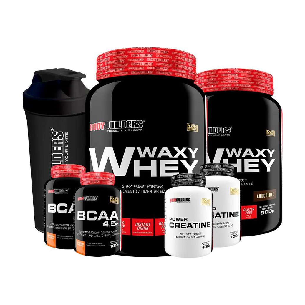 Kit 2x Waxy Whey 900g Sabor Chocolate + 2x Bcaa 100g Tangerina + 2x Power Creatina 100g + Coqueteleira - Bodybuilders