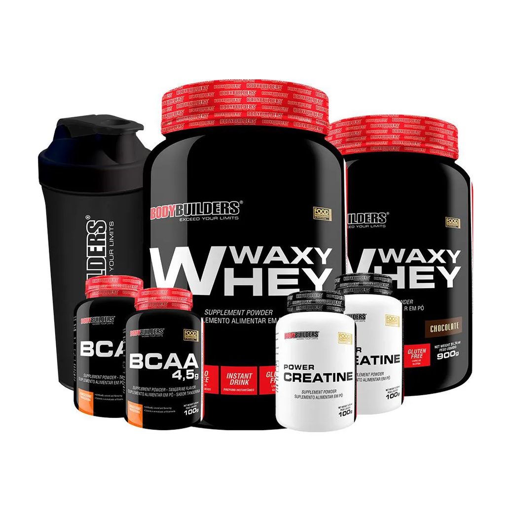 Kit 2x Waxy Whey 900g Sabor Morango + 2x Bcaa 100g Tangerina + 2x Power Creatina 100g + Coqueteleira - Bodybuilders