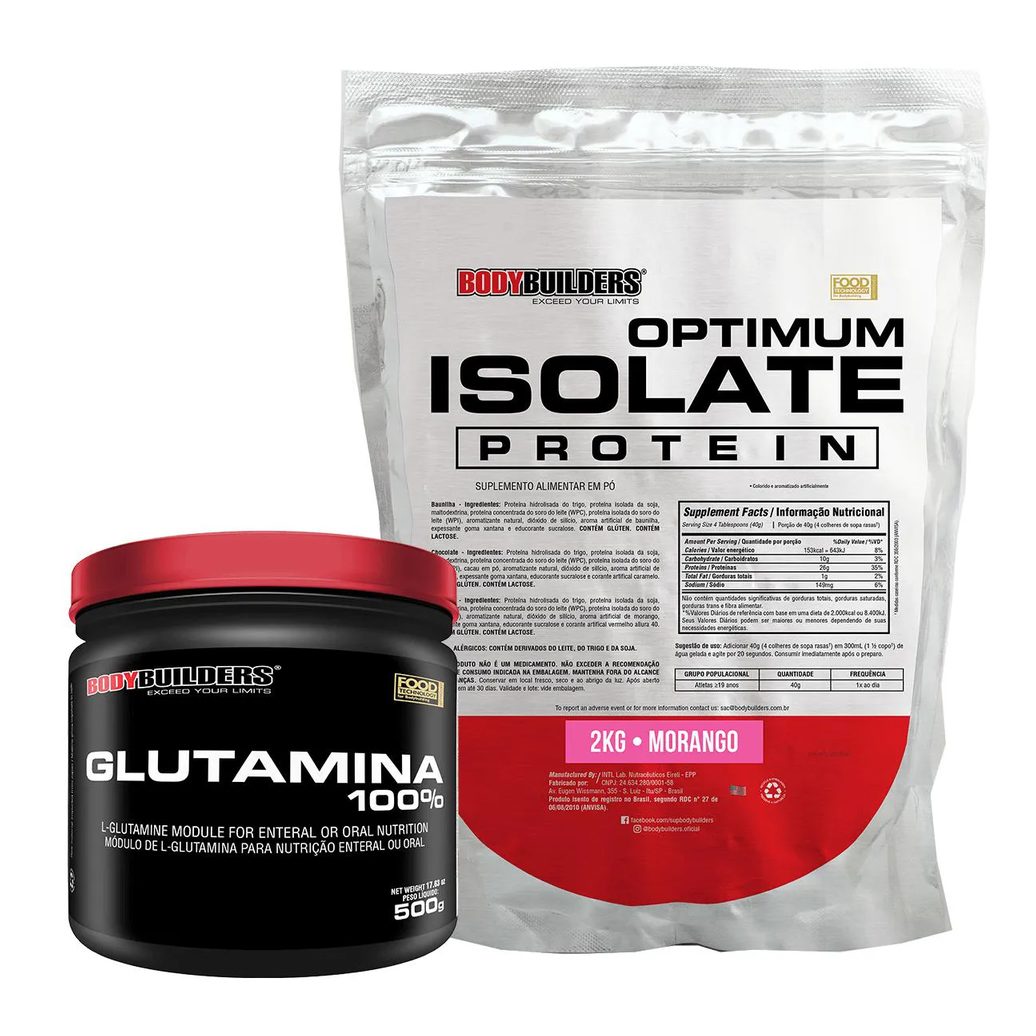 Kit Optimum Isolate Whey Protein 2kg + Glutamina 500g Sabor: Morango - Bodybuilders