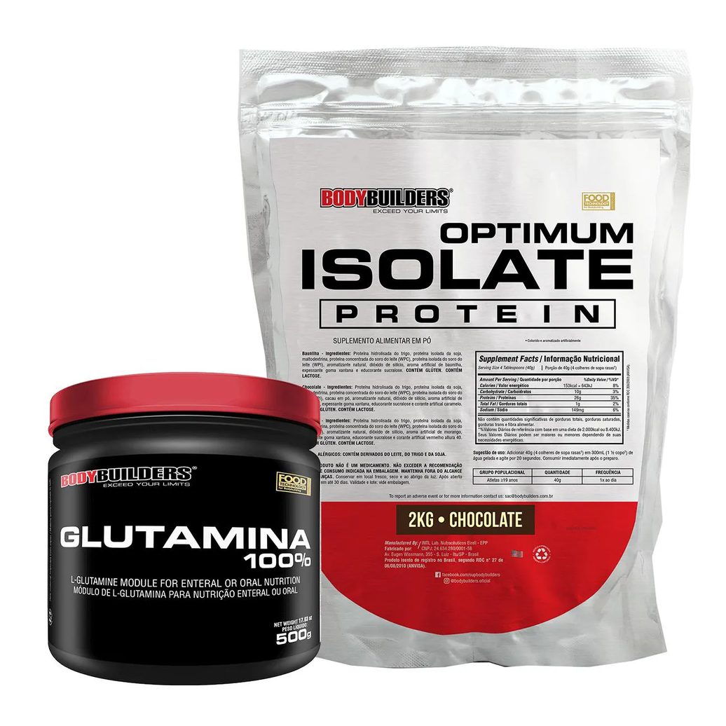 Kit Optimum Isolate Whey Protein 2kg + Glutamina 500g Sabor: Chocolate - Bodybuilders