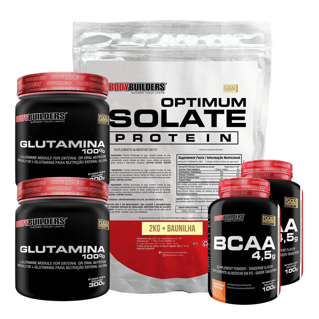 Kit Optimum Isolate Whey Protein 2kg + 2x Bcaa 100g + 2x Glutamina 300g Sabor Baunilha - Bodybuilders