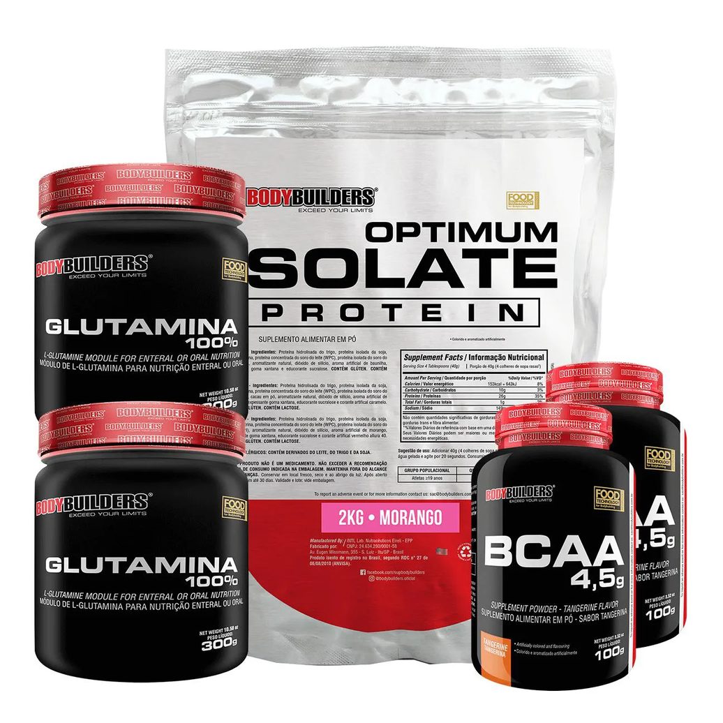 Kit Optimum Isolate Whey Protein 2kg + 2x Bcaa 100g + 2x Glutamina 300g Sabor Morango - Bodybuilders