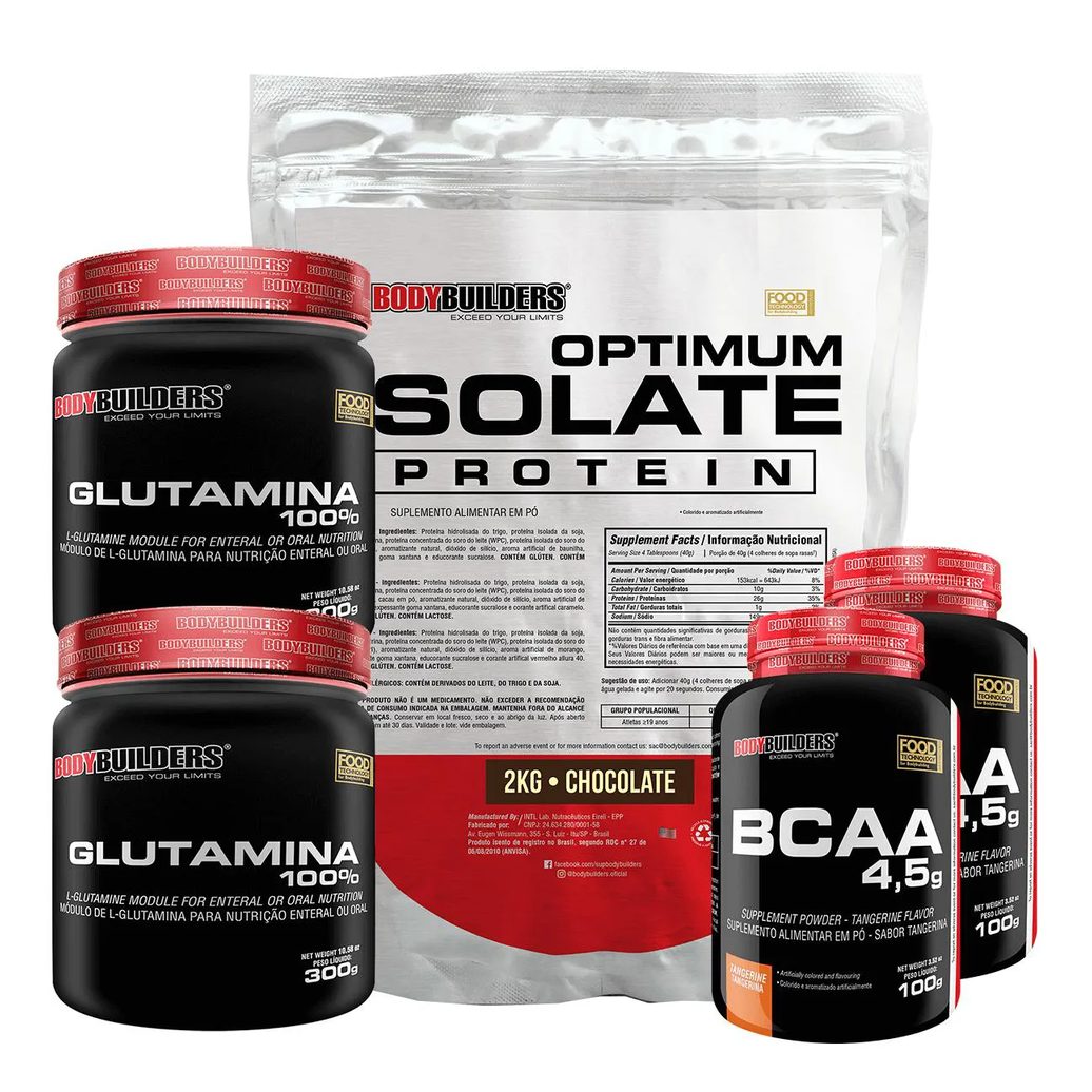 Kit Optimum Isolate Whey Protein 2kg + 2x Bcaa 100g + 2x Glutamina 300g Sabor Chocolate - Bodybuilders