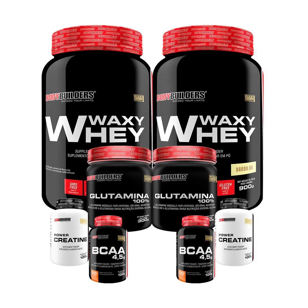 Kit 2x Waxy Whey 900g + 2x Power Creatina 100g + 2x Glutamina 300g + 2x Bcaa 4.5 100g - Bodybuilders Baunilha