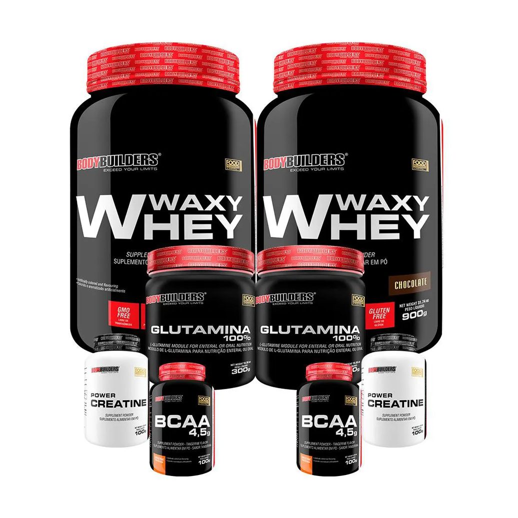 Kit 2x Waxy Whey 900g + 2x Power Creatina 100g + 2x Glutamina 300g + 2x Bcaa 4.5 100g - Bodybuilders Chocolate