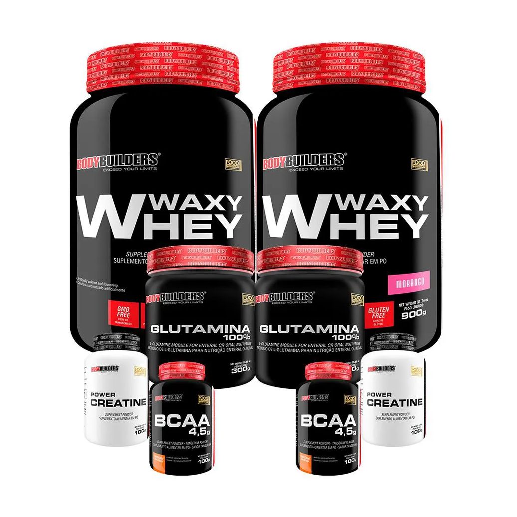 Kit 2x Waxy Whey 900g + 2x Power Creatina 100g + 2x Glutamina 300g + 2x Bcaa 4.5 100g - Bodybuilders Morango