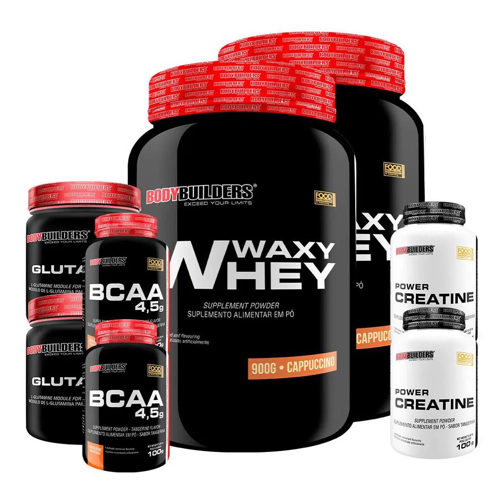 Kit 2x Waxy Whey 900g + 2x Power Creatina 100g + 2x Glutamina 300g + 2x Bcaa 4.5 100g - Bodybuilders Cappuccino