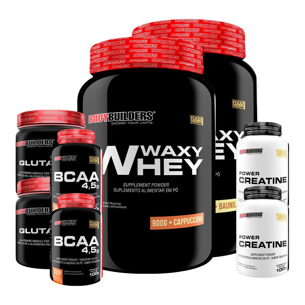 Kit 2x Waxy Whey 900g + 2x Power Creatina 100g + 2x Glutamina 300g + 2x Bcaa 4.5 100g - Bodybuilders Baunilha e Cappuccino