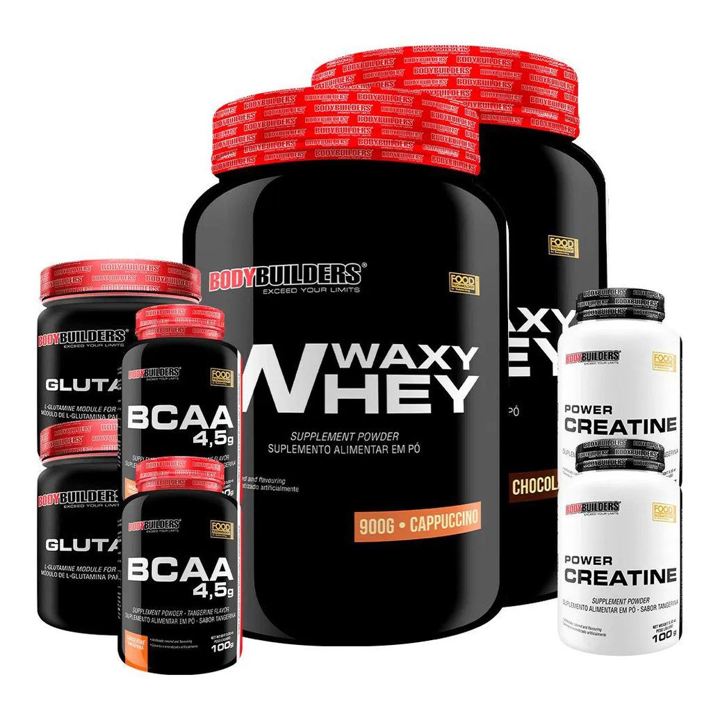 Kit 2x Waxy Whey 900g + 2x Power Creatina 100g + 2x Glutamina 300g + 2x Bcaa 4.5 100g - Bodybuilders Chocolate e Cappuccino