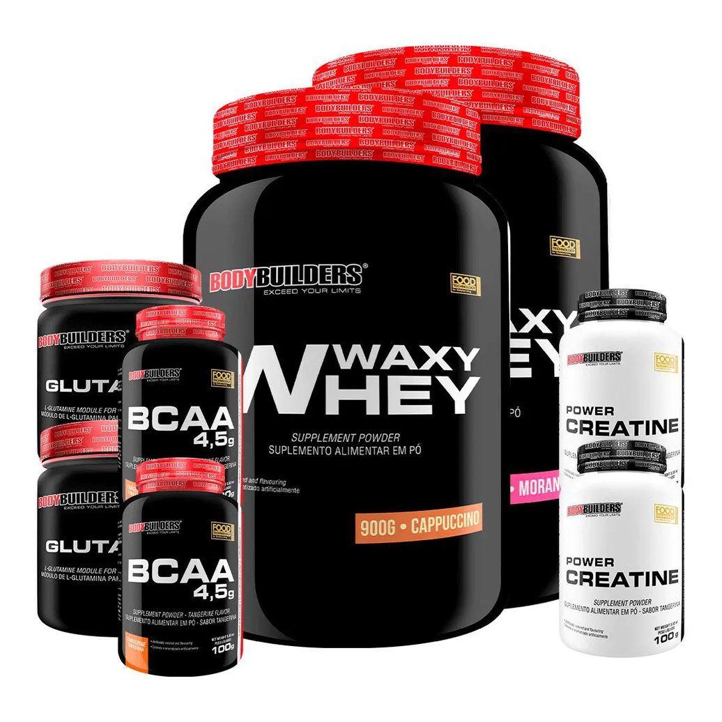 Kit 2x Waxy Whey 900g + 2x Power Creatina 100g + 2x Glutamina 300g + 2x Bcaa 4.5 100g - Bodybuilders Morango e Cappuccino