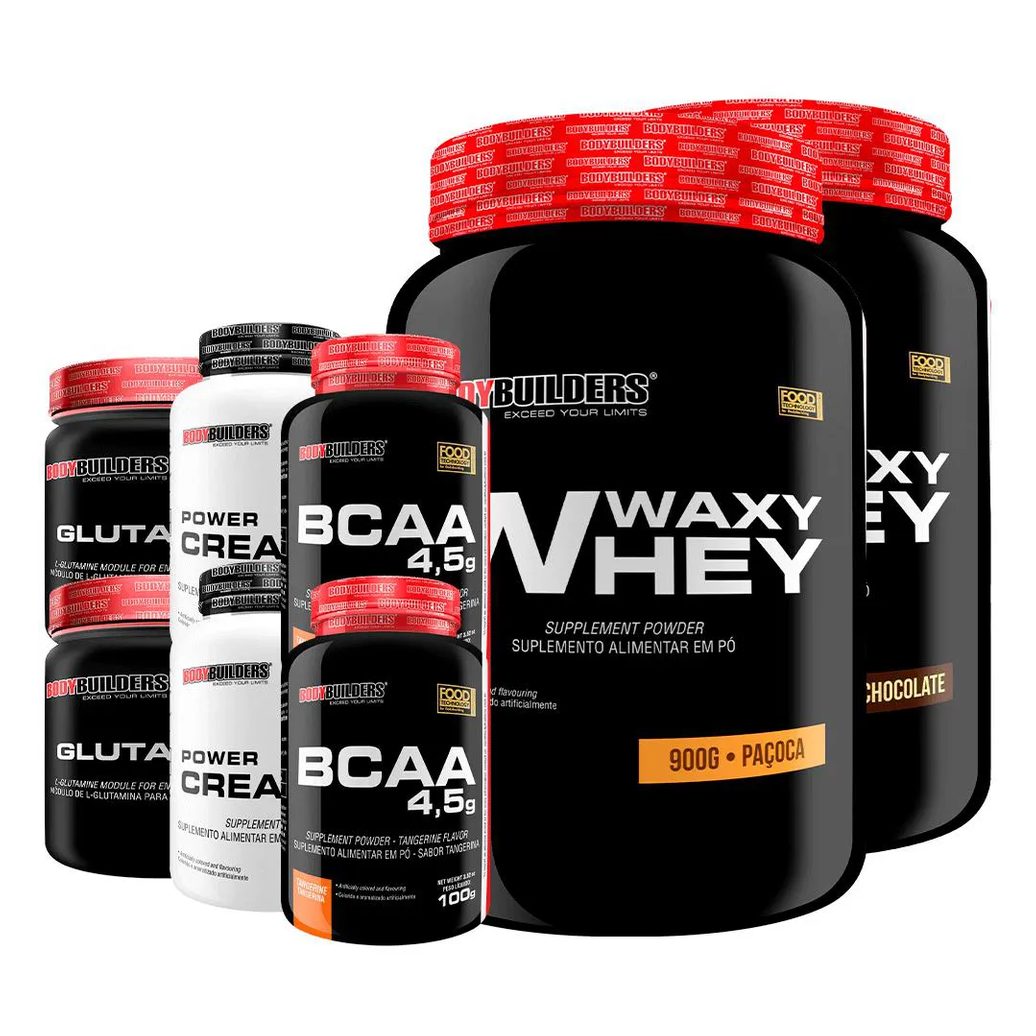 Kit 2x Waxy Whey 900g + 2x Power Creatina 100g + 2x Glutamina 300g + 2x Bcaa 4.5 100g - Bodybuilders Chocolate e Paçoca