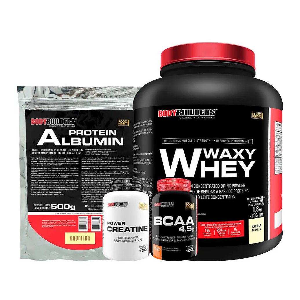 Kit BodyBuilders Whey Protein Waxy Whey Baunilha 2kg + BCAA Tangerina 100g + Creatina Power 100g
