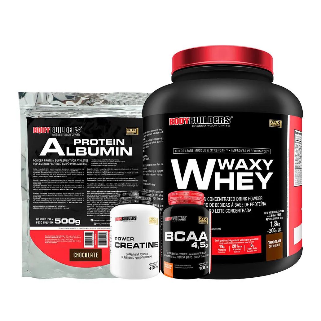 Kit Waxy Whey 2kg + Albumina 500g + Bcaa 100g Tangerina + Power Creatina 100g - Bodybuilders