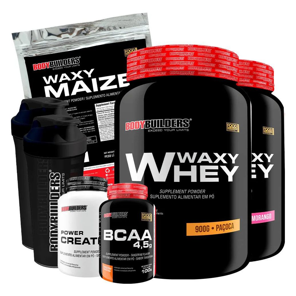 Kit 2x Waxy Whey 900g + Waxy Maize 800g + Power Creatina 100g + Bcaa 4.5 100g + 2x Coqueteleira - Bodybuilders Morango e Paçoca