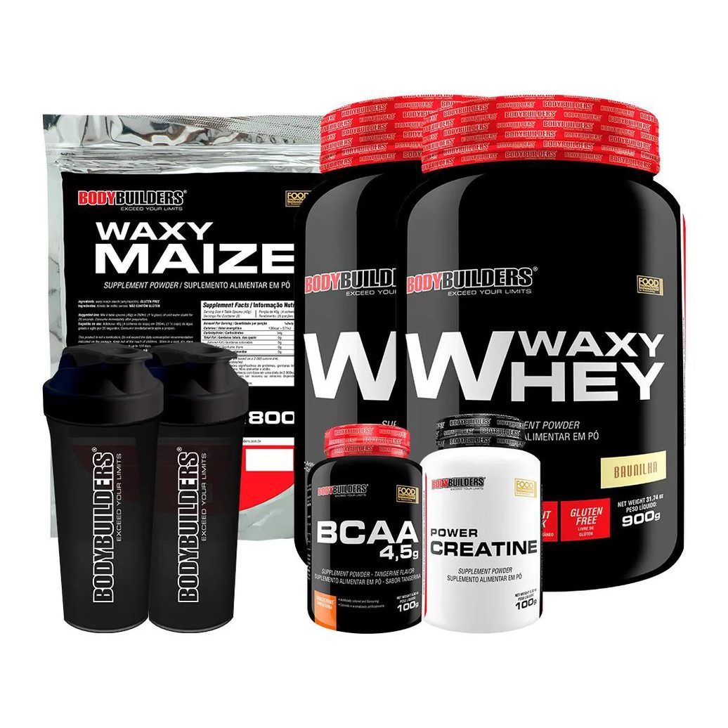 Kit 2x Waxy Whey 900g + Waxy Maize 800g + Power Creatina 100g + Bcaa 4.5 100g + 2x Coqueteleira - Bodybuilders Morango