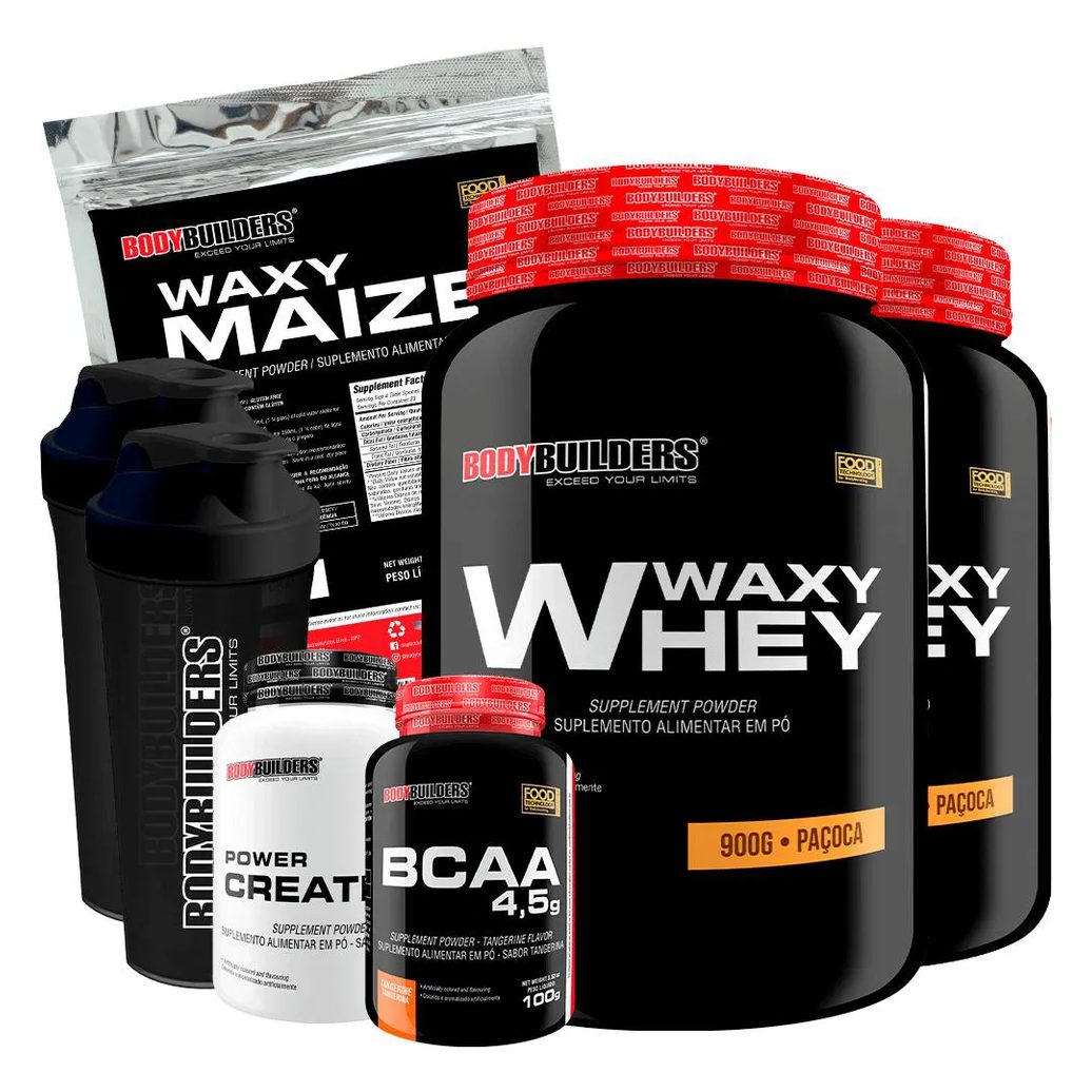 Kit 2x Waxy Whey 900g + Waxy Maize 800g + Power Creatina 100g + Bcaa 4.5 100g + 2x Coqueteleira - Bodybuilders Paçoca