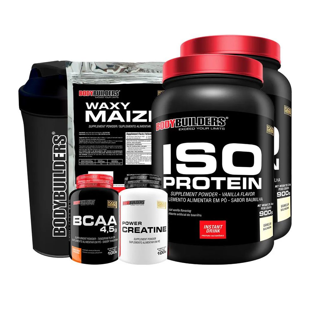 Kit 2x Iso Protein 900g + Bcaa 100g + Power Creatina 100g + Waxy Maize 800g + Coqueteleira - Sabor Baunilha Bodybuilders