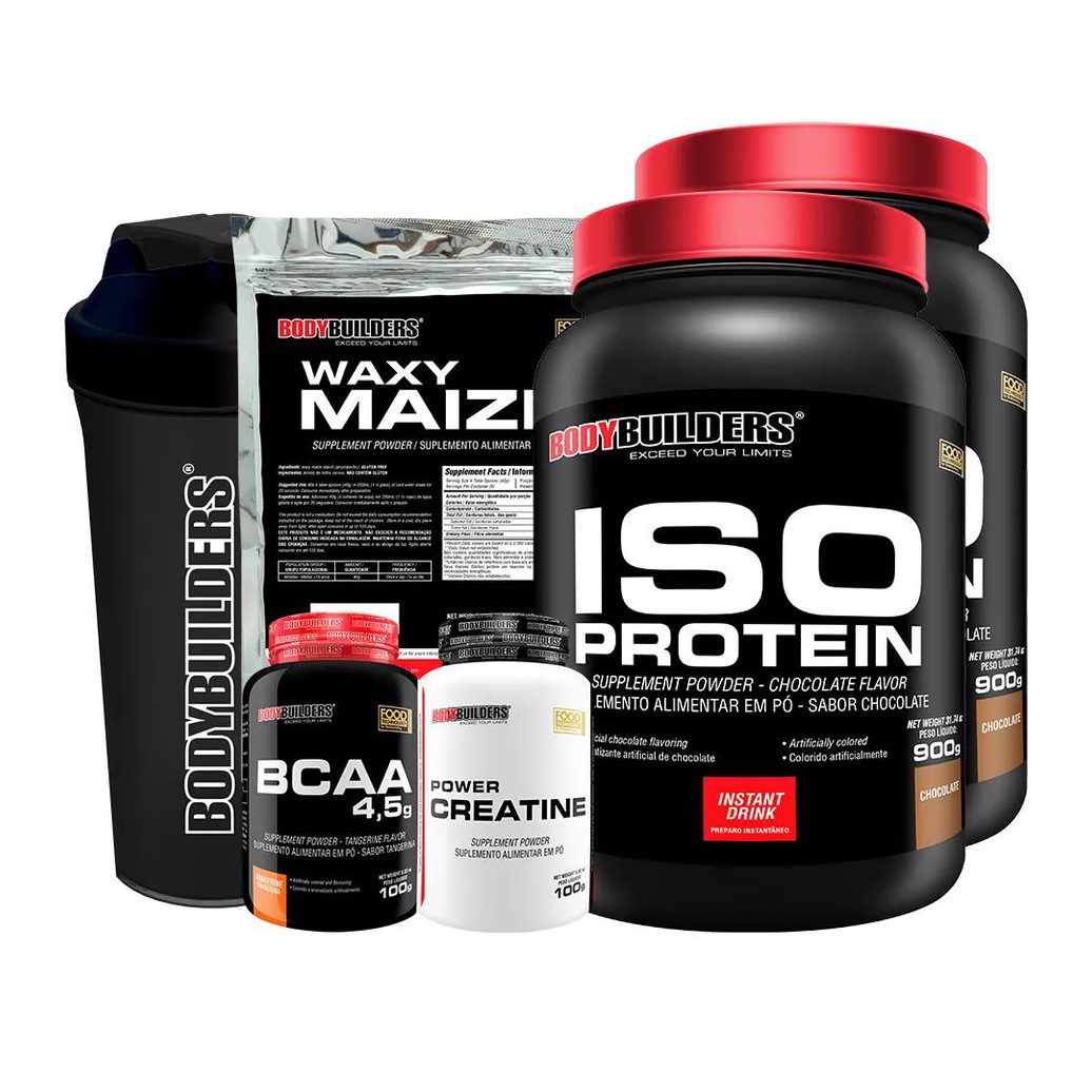 Kit 2x Iso Protein 900g + Bcaa 100g + Power Creatina 100g + Waxy Maize 800g + Coqueteleira - Sabor Chocolate Bodybuilders