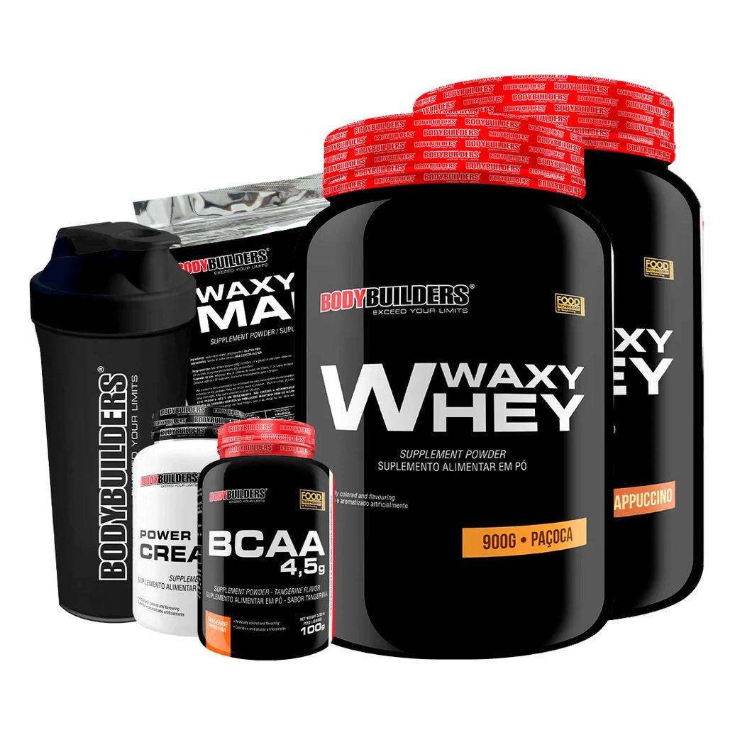 Kit 2x Waxy Whey 900g + Bcaa 100g + Power Creatine 100g + Waxy Maize 800g + Coq – Bodybuilders Cappuccino e Paçoca
