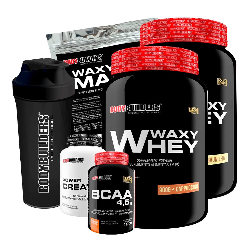 Kit 2x Waxy Whey 900g + Bcaa 100g + Power Creatine 100g + Waxy Maize 800g + Coq – Bodybuilders Baunilha e Cappuccino